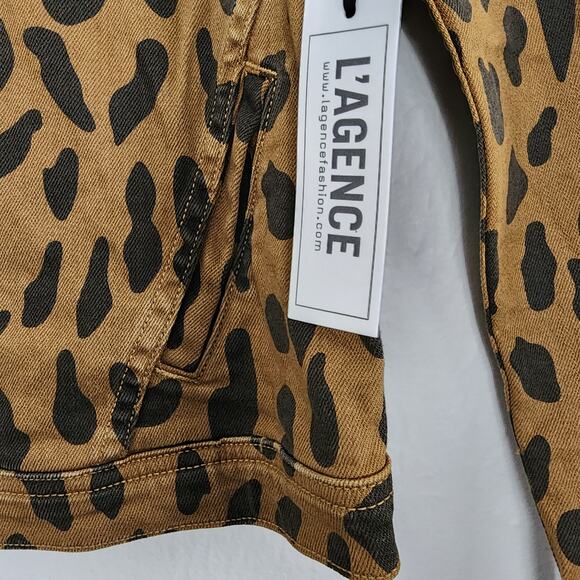 L'Agence Celine Slim Fit Leopard Print Cropped Denim Jacket Camel S NWT - Picture 10 of 16